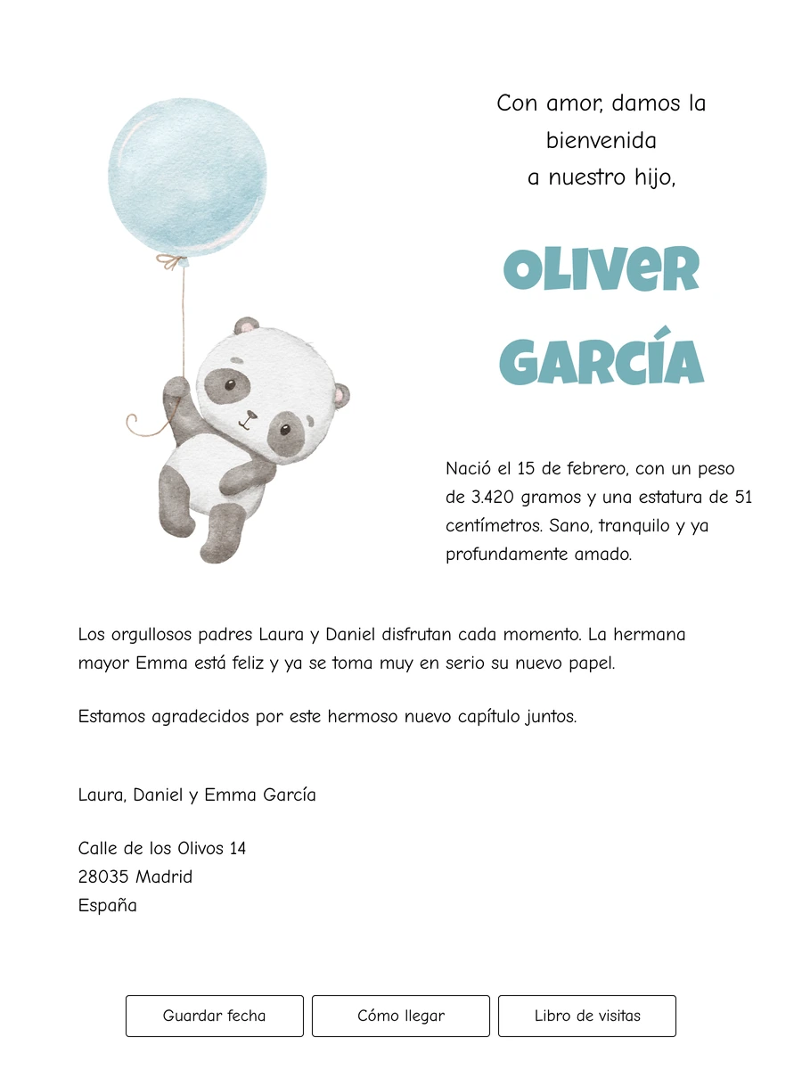 Tarjeta de nacimiento online con panda y globo azul