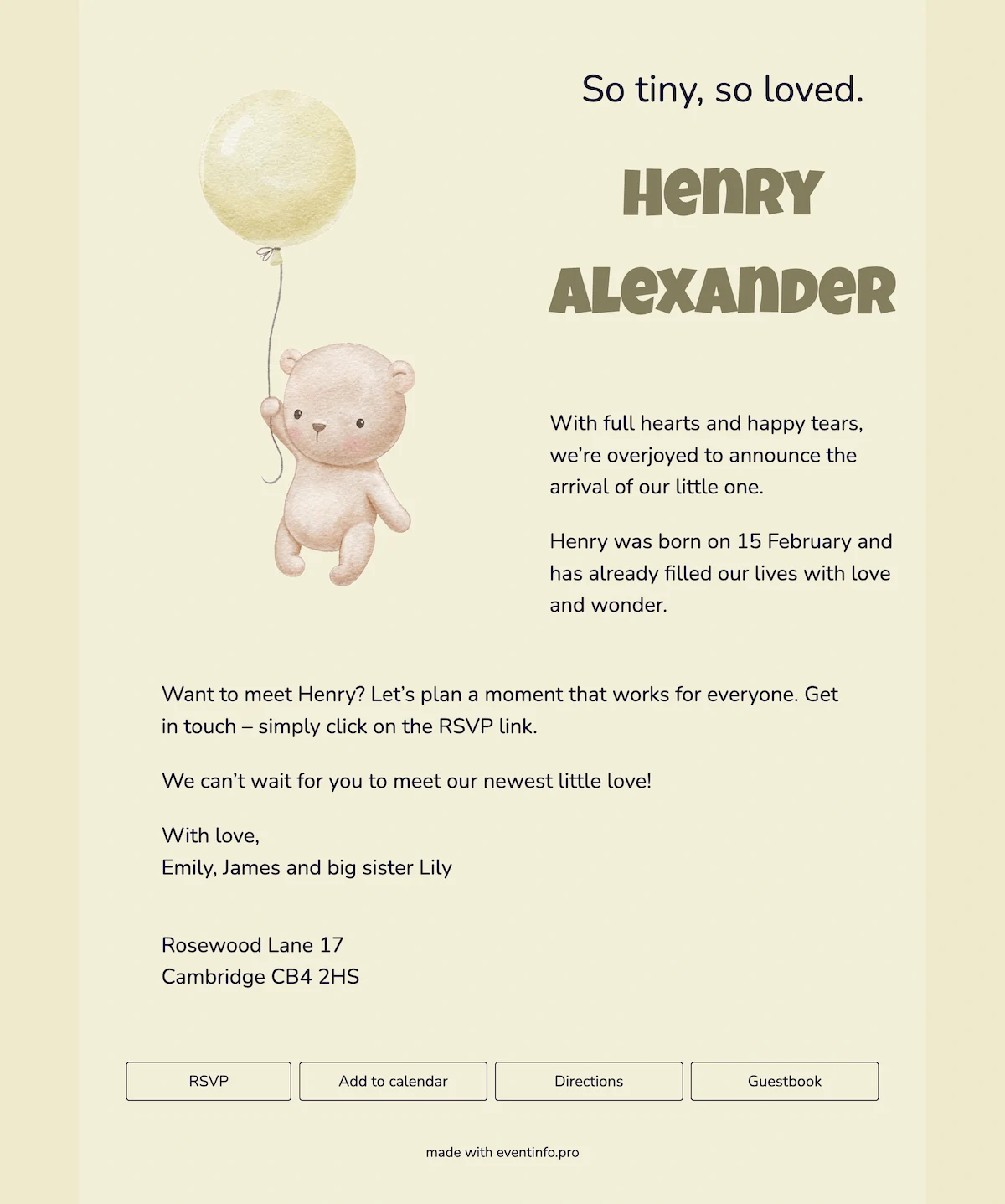 Birth card with bear and balloon