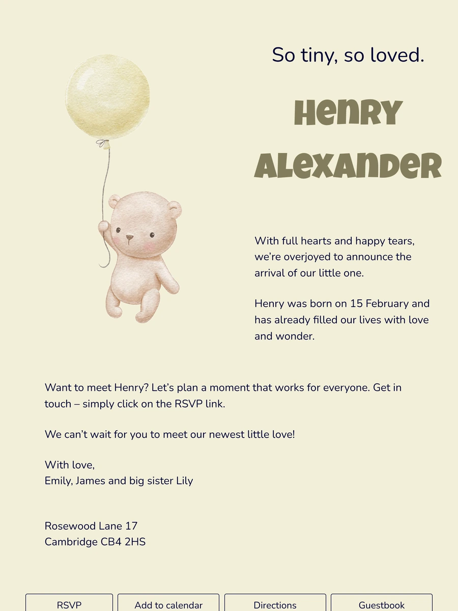 Playful online birth card with a teddy bear