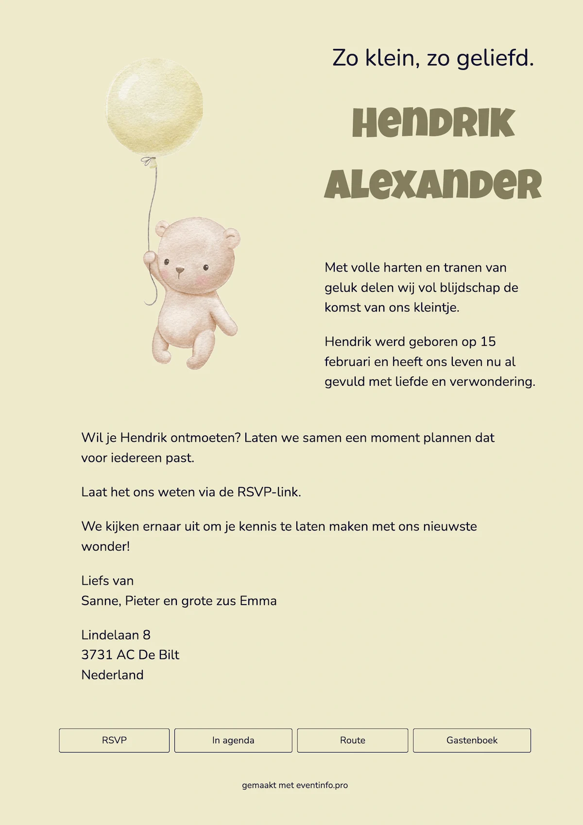Geboortekaartje met beer en ballon