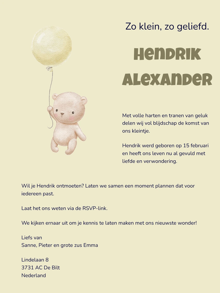 Speels online geboortekaartje met beertje en ballon