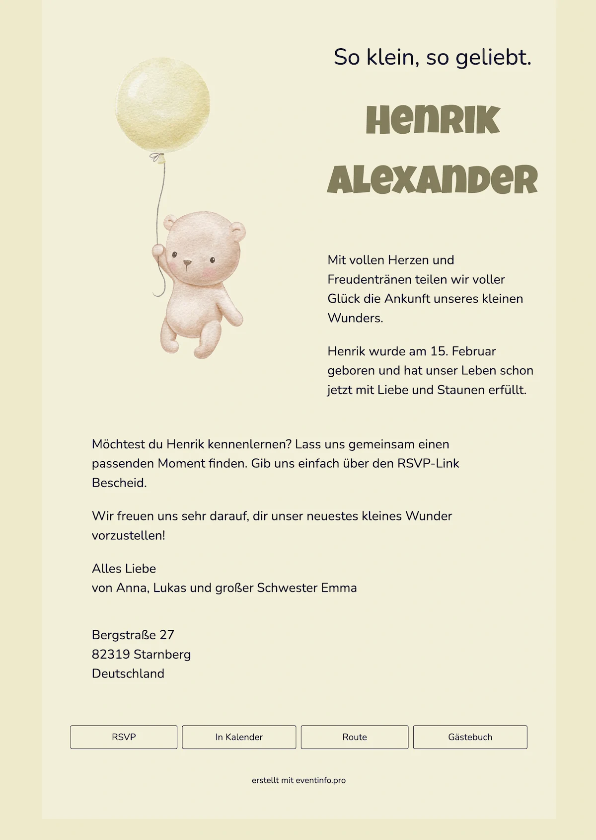 Geburtskarte mit Bär und Luftballon