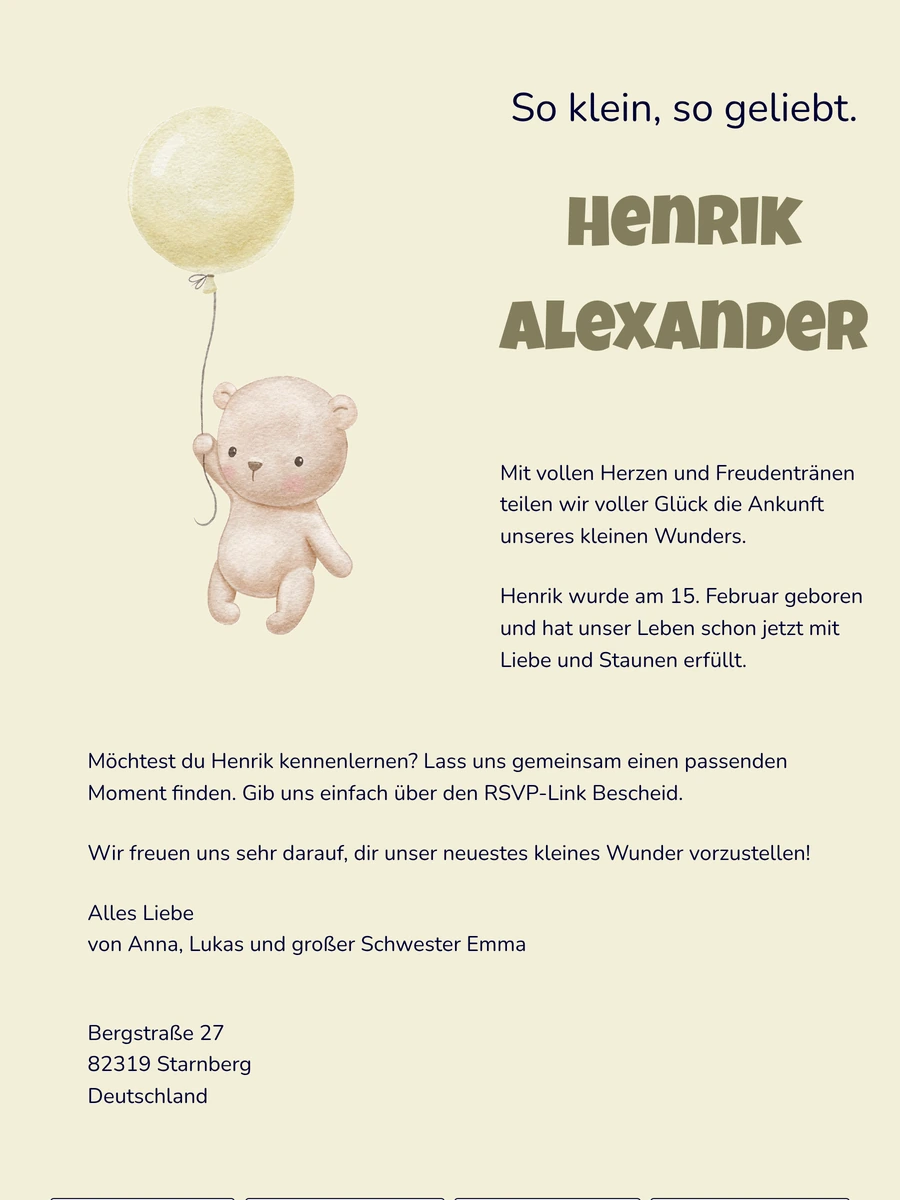 Verspielte digitale Geburtskarte mit Teddyb&auml;r