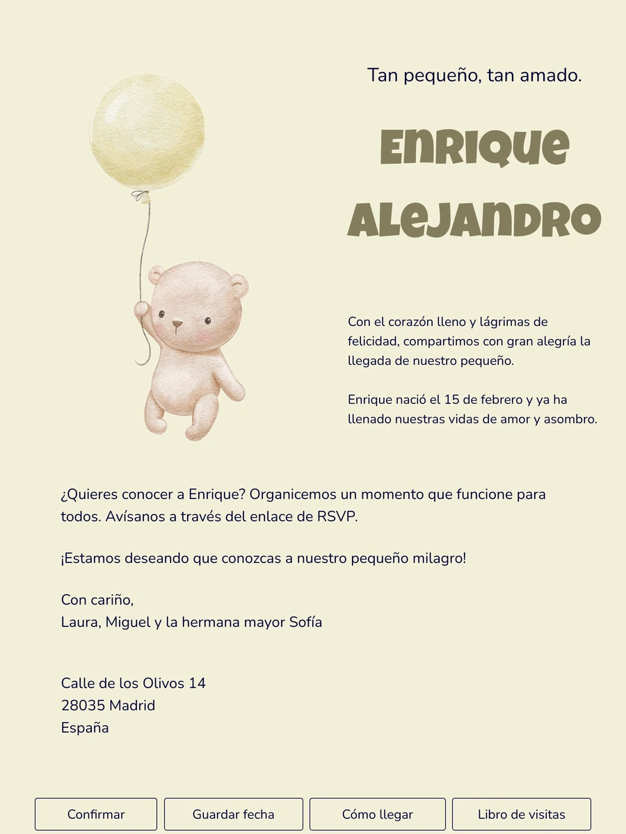 Tarjeta de nacimiento online con osito y globo