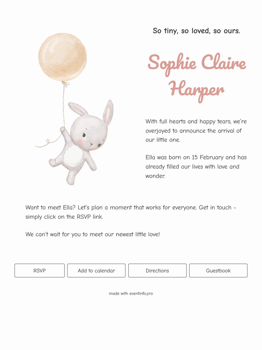 Soft online birth card for a quiet announcement