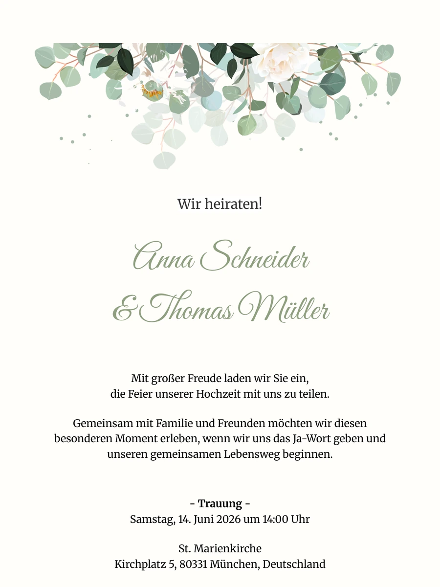 Klassische digitale Hochzeitseinladung f&uuml;r eine Trauung im Freien