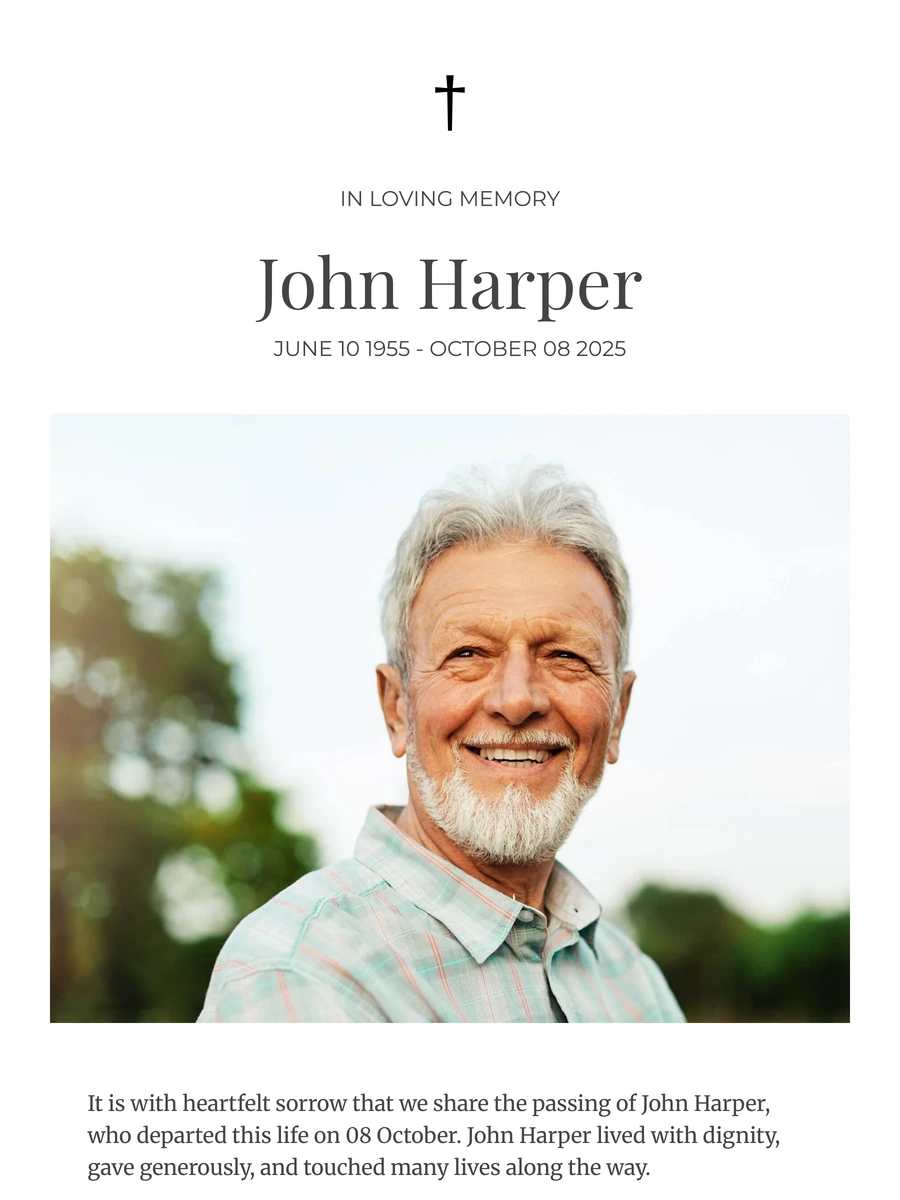 Clear online funeral card for a modern farewell