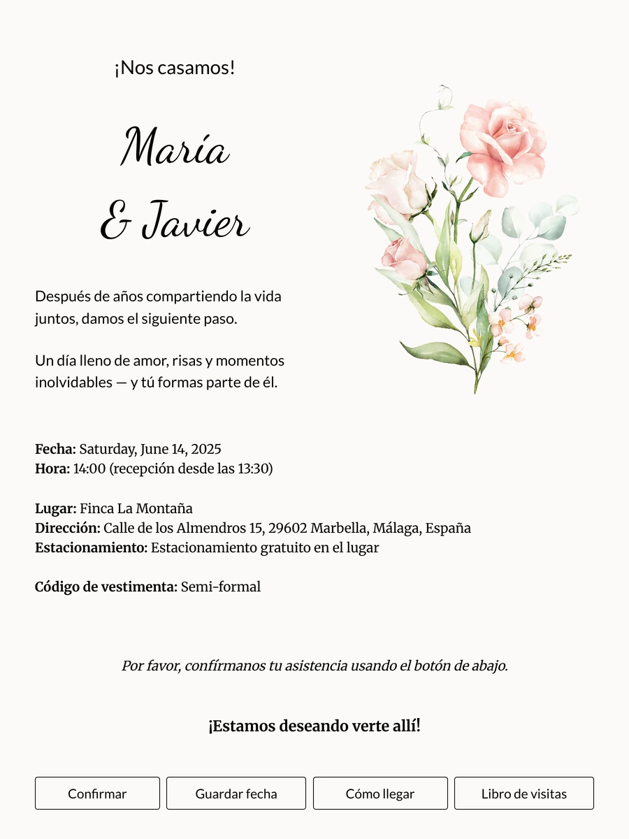 Invitación de boda floral suave con letra caligráfica