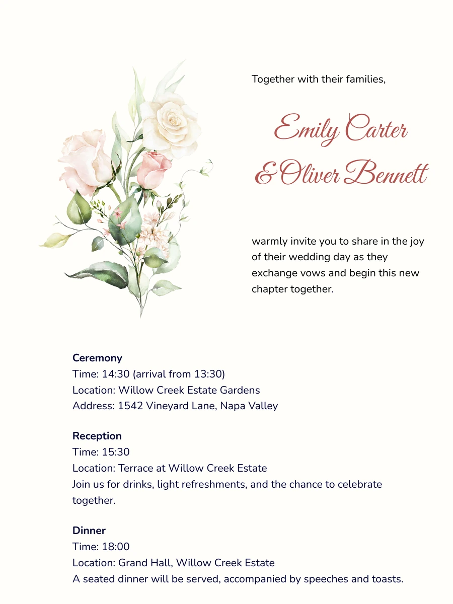 Classic floral wedding invitation with a warm accent