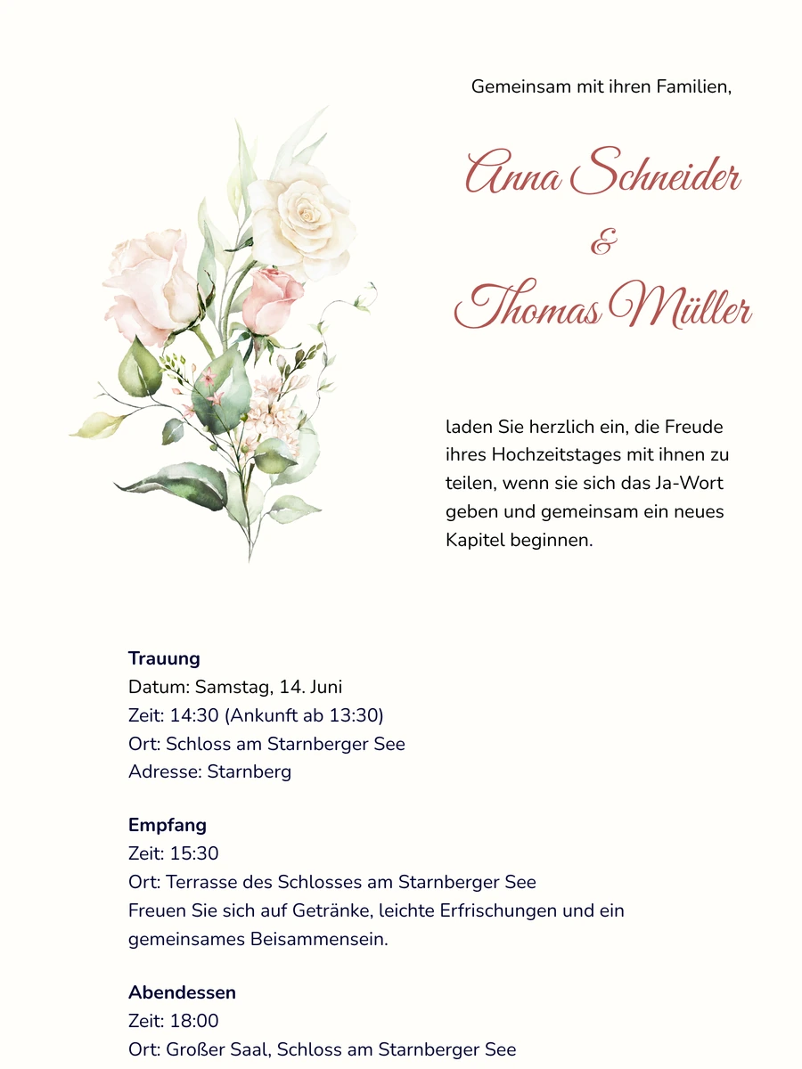 Klassische florale Hochzeitseinladung mit warmem Akzent