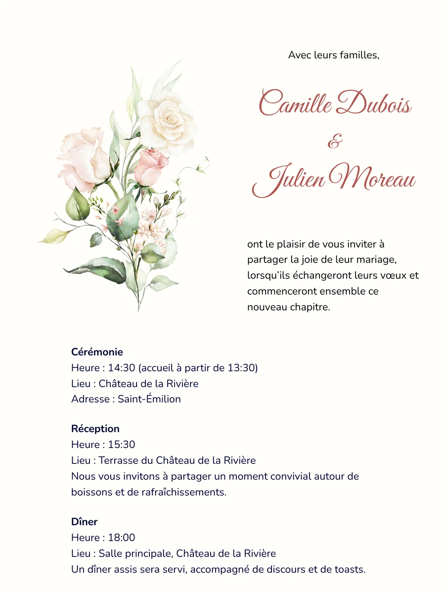 Faire-part de mariage floral classique aux tons chauds