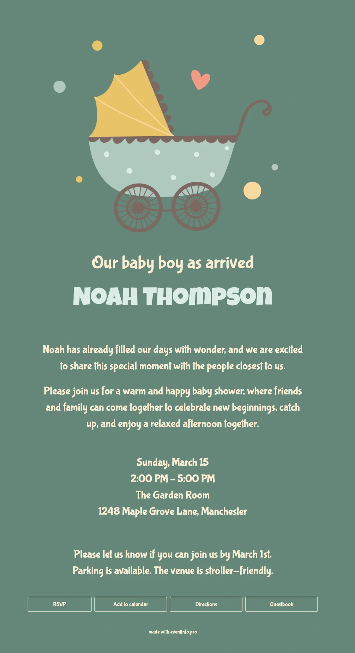 Green birth card with stroller