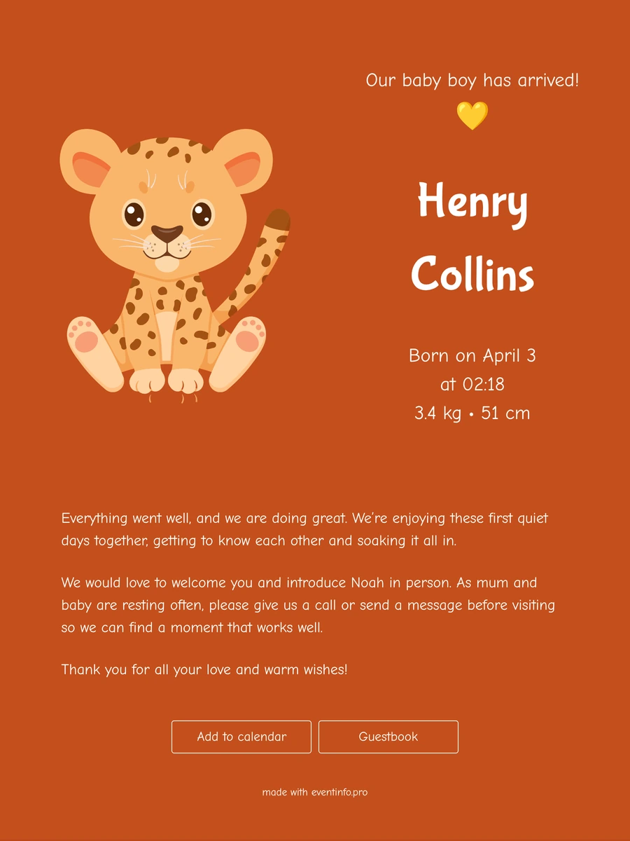 Bright online birth card with a little panther