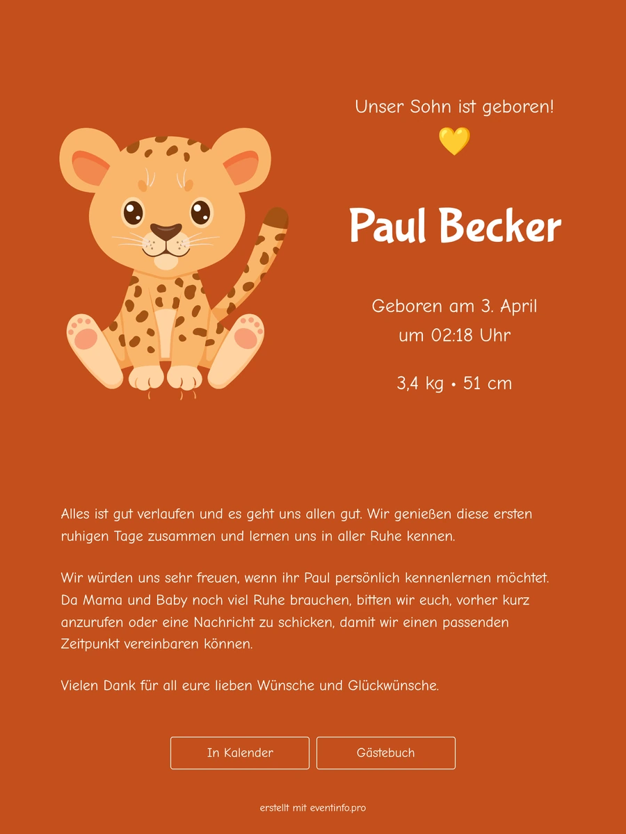 Fr&ouml;hliche digitale Geburtskarte mit kleinem Panther