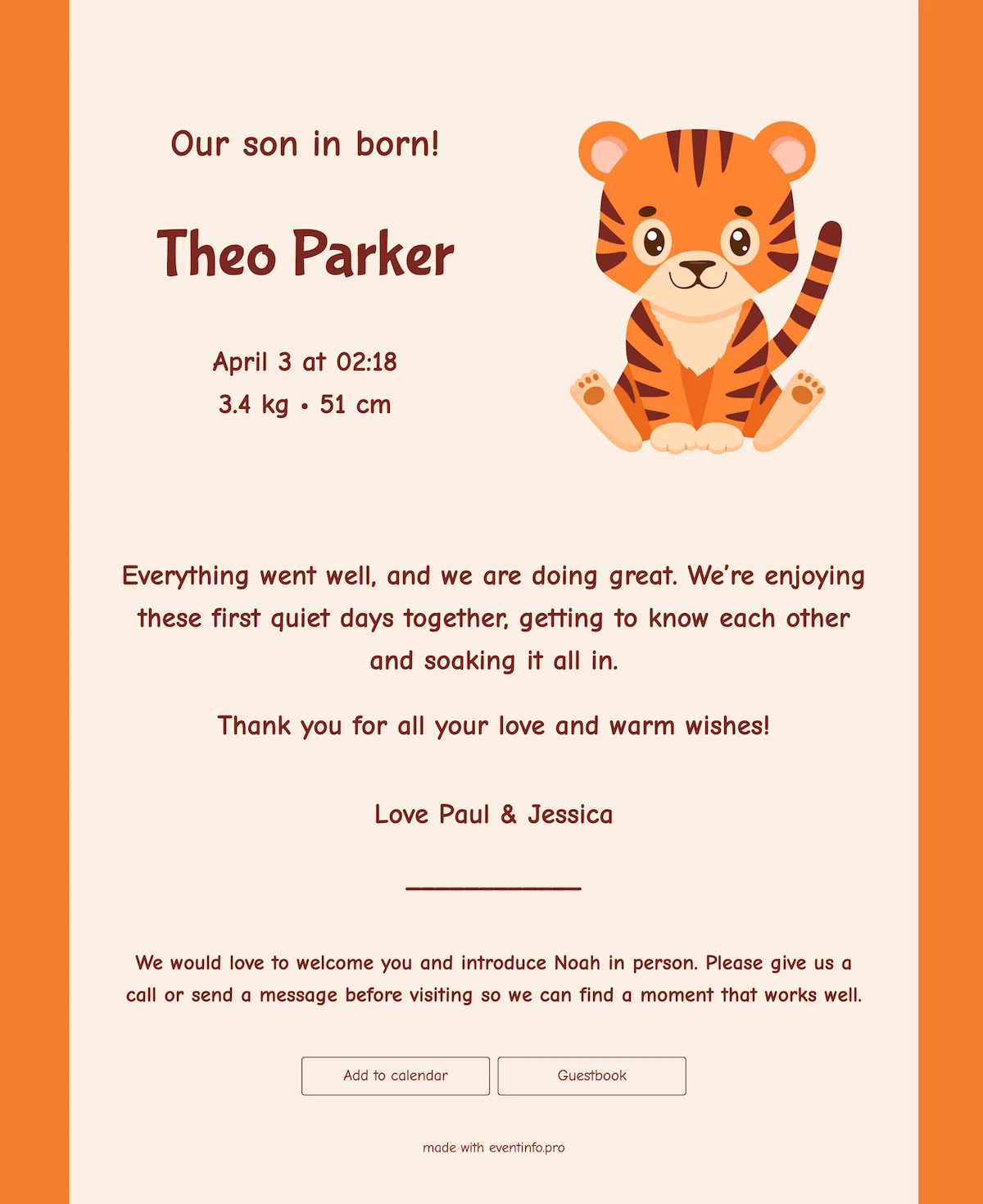 Birth card with tiger