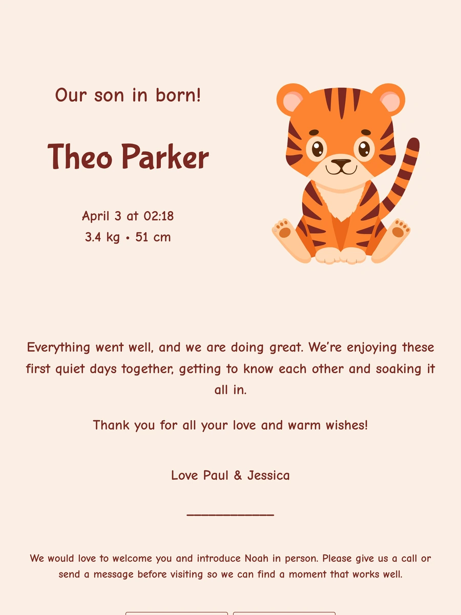 Lively online birth card with a small tiger