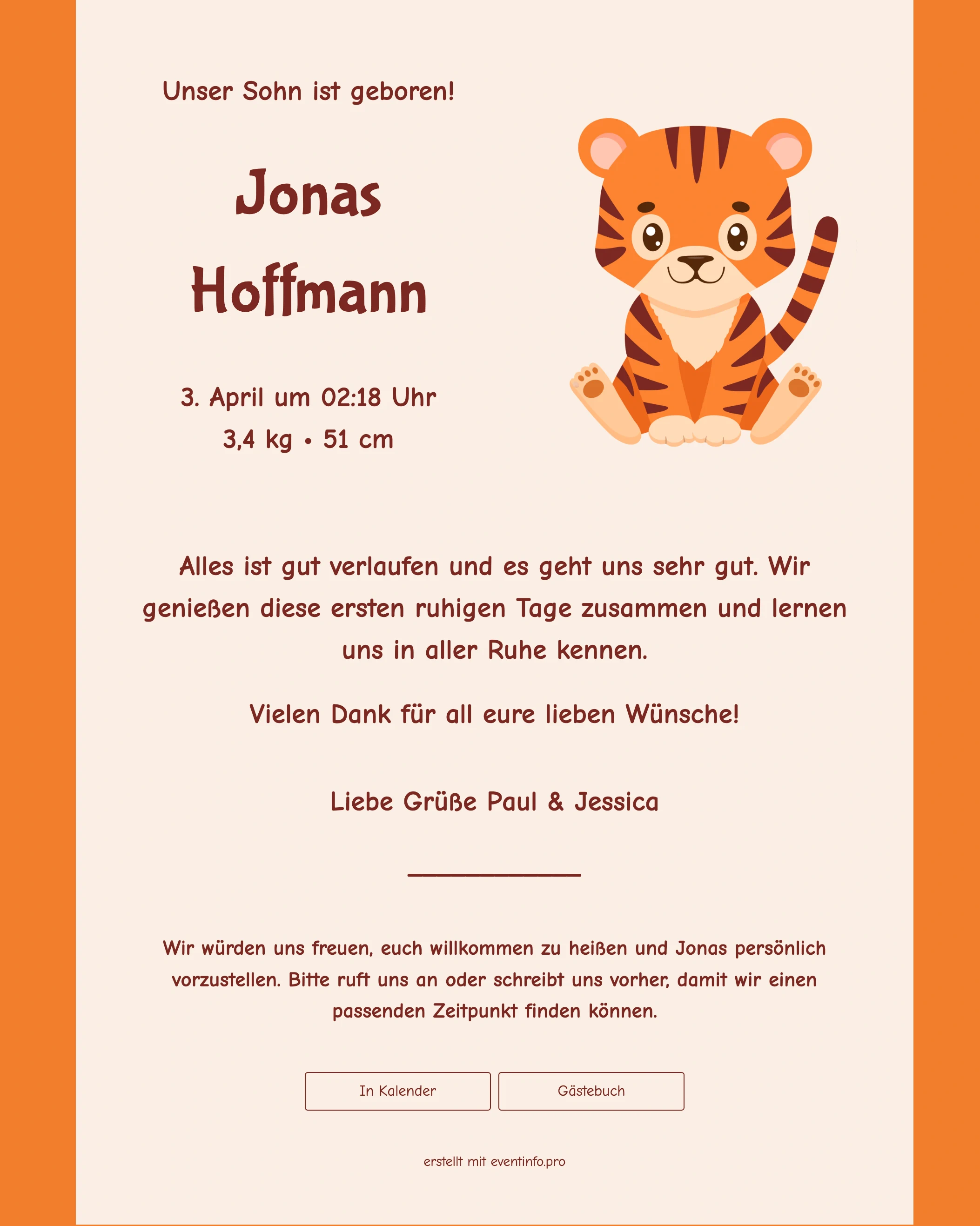 Digitale Geburtskarte mit Tiger