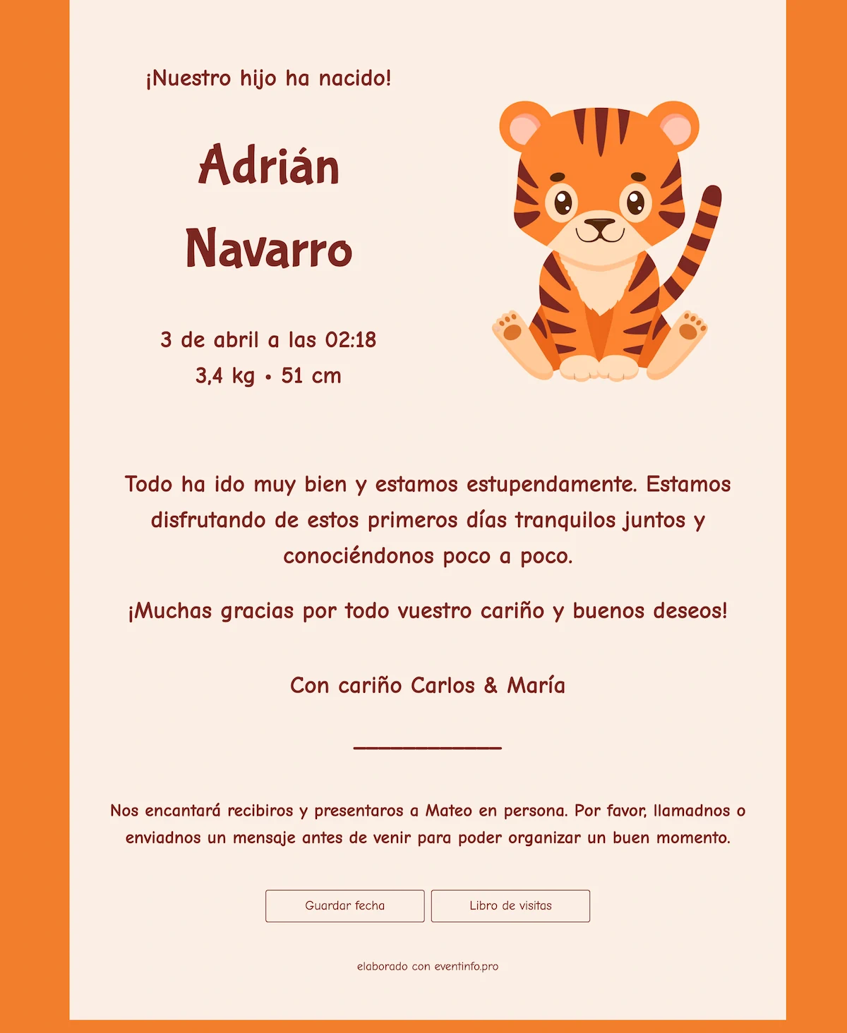 Tarjeta de nacimiento con tigre
