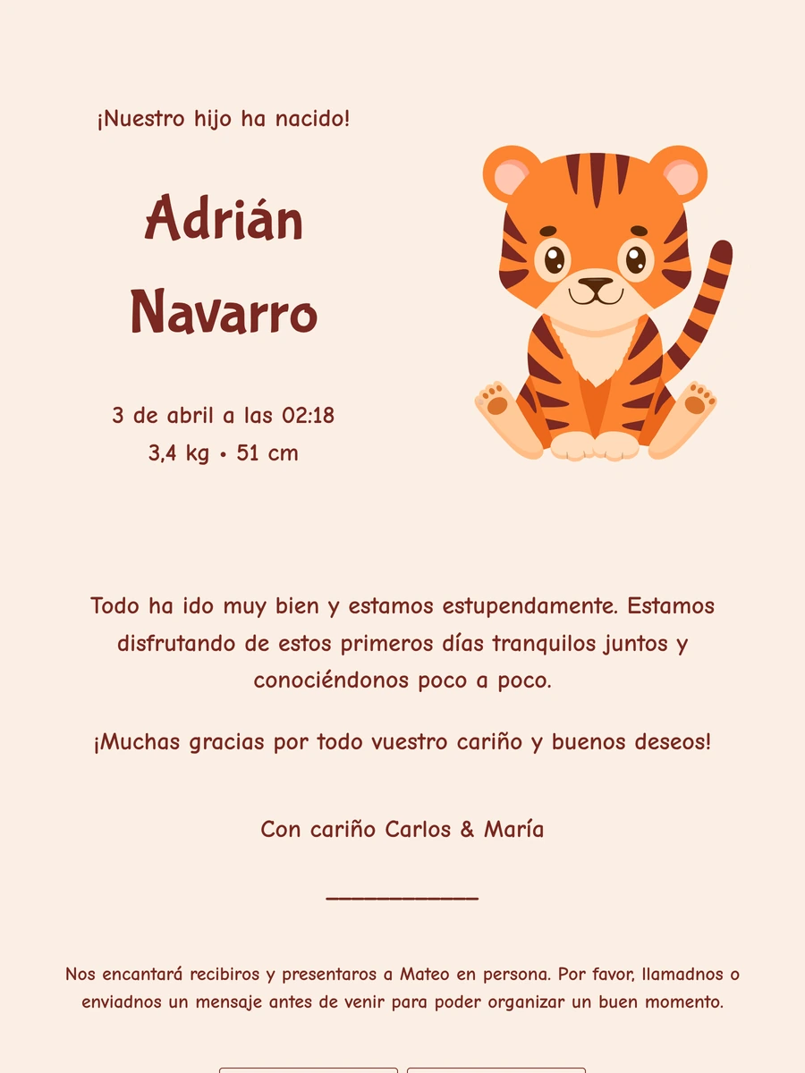 Tarjeta de nacimiento online alegre con un tigre