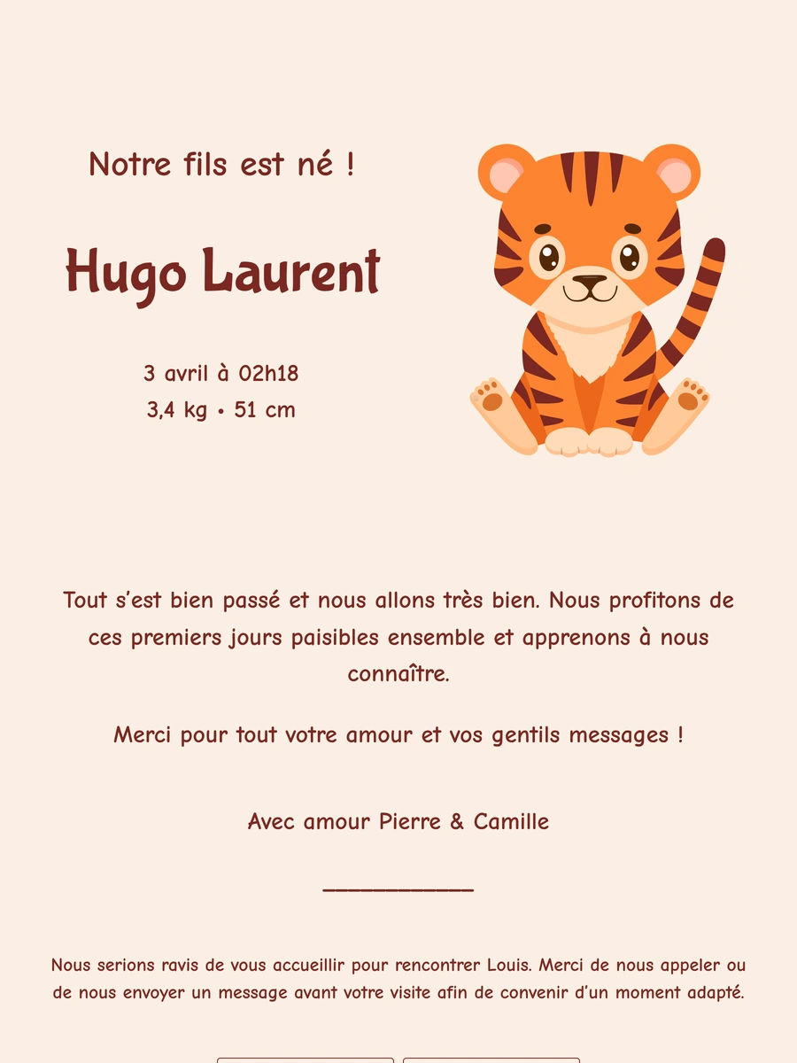 Faire-part de naissance en ligne avec un tigre