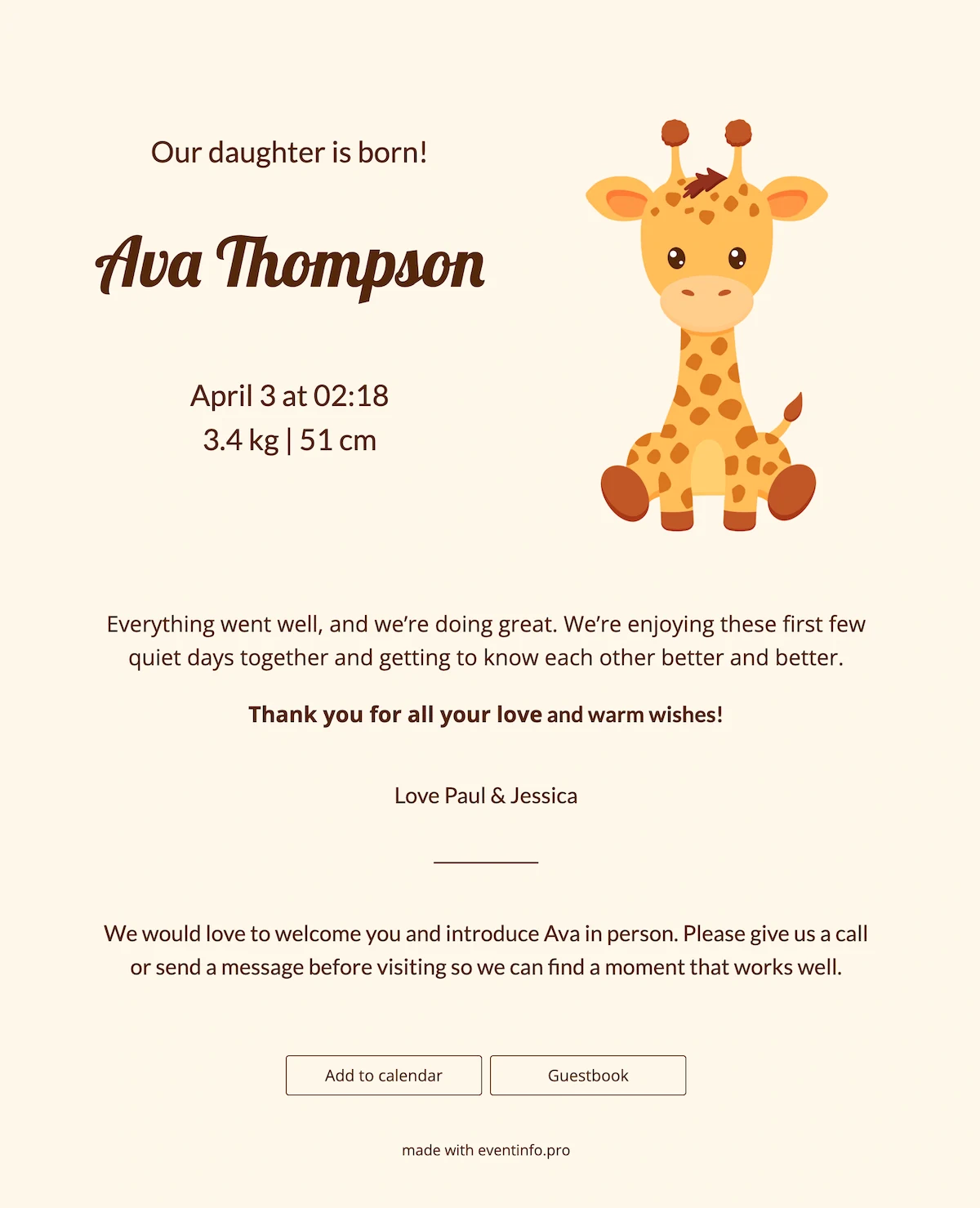 Warm birth card with giraffe
