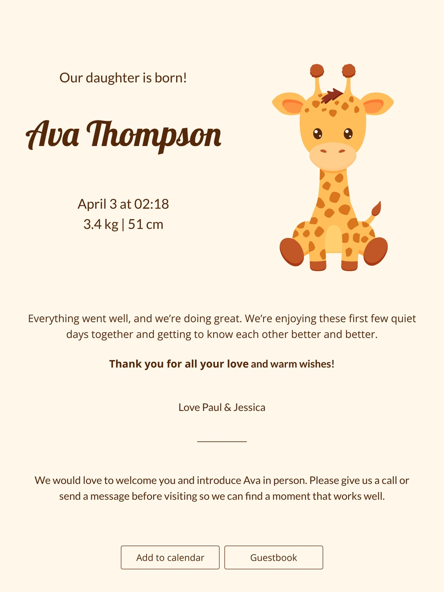 Warm online birth card with a giraffe