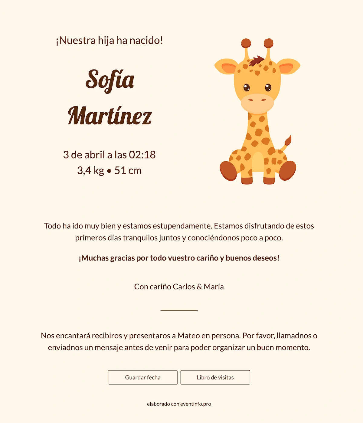Tarjeta de nacimiento con jirafa