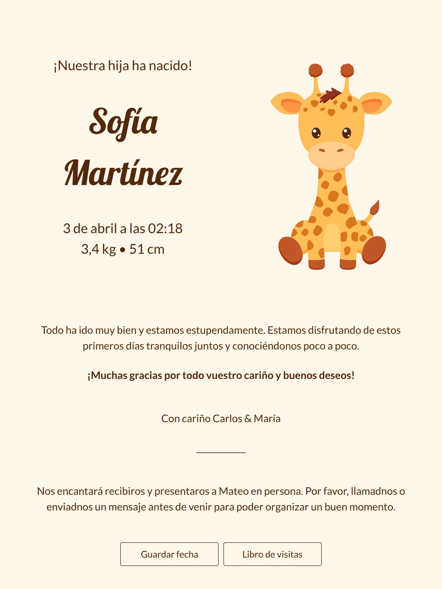 Tarjeta de nacimiento online cálida con jirafa