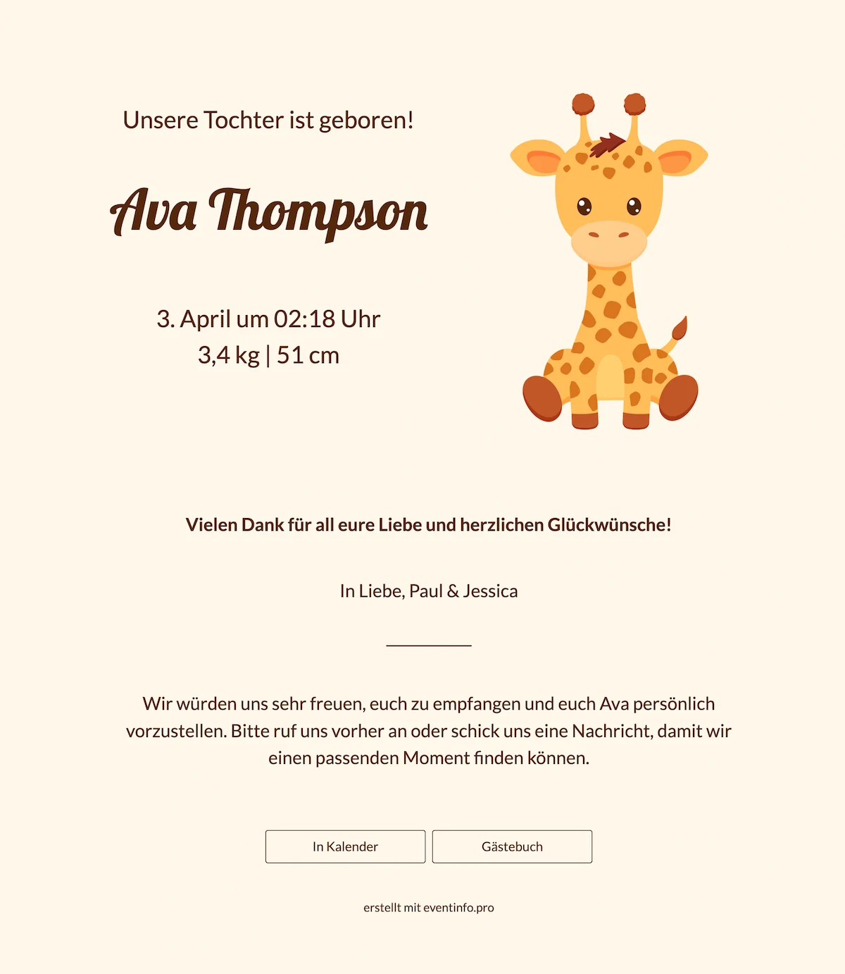 Warme Geburtskarte mit Giraffe