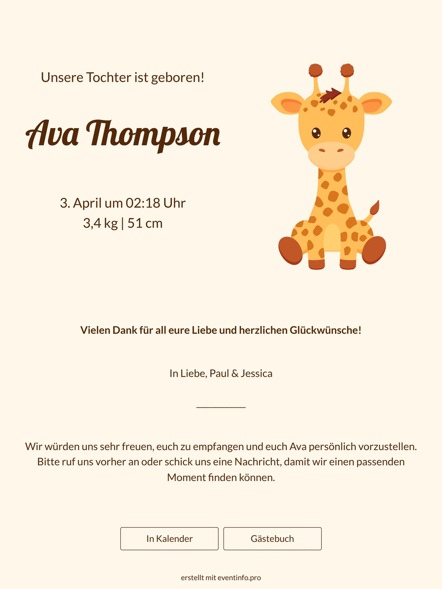 Warme digitale Geburtskarte mit einer Giraffe