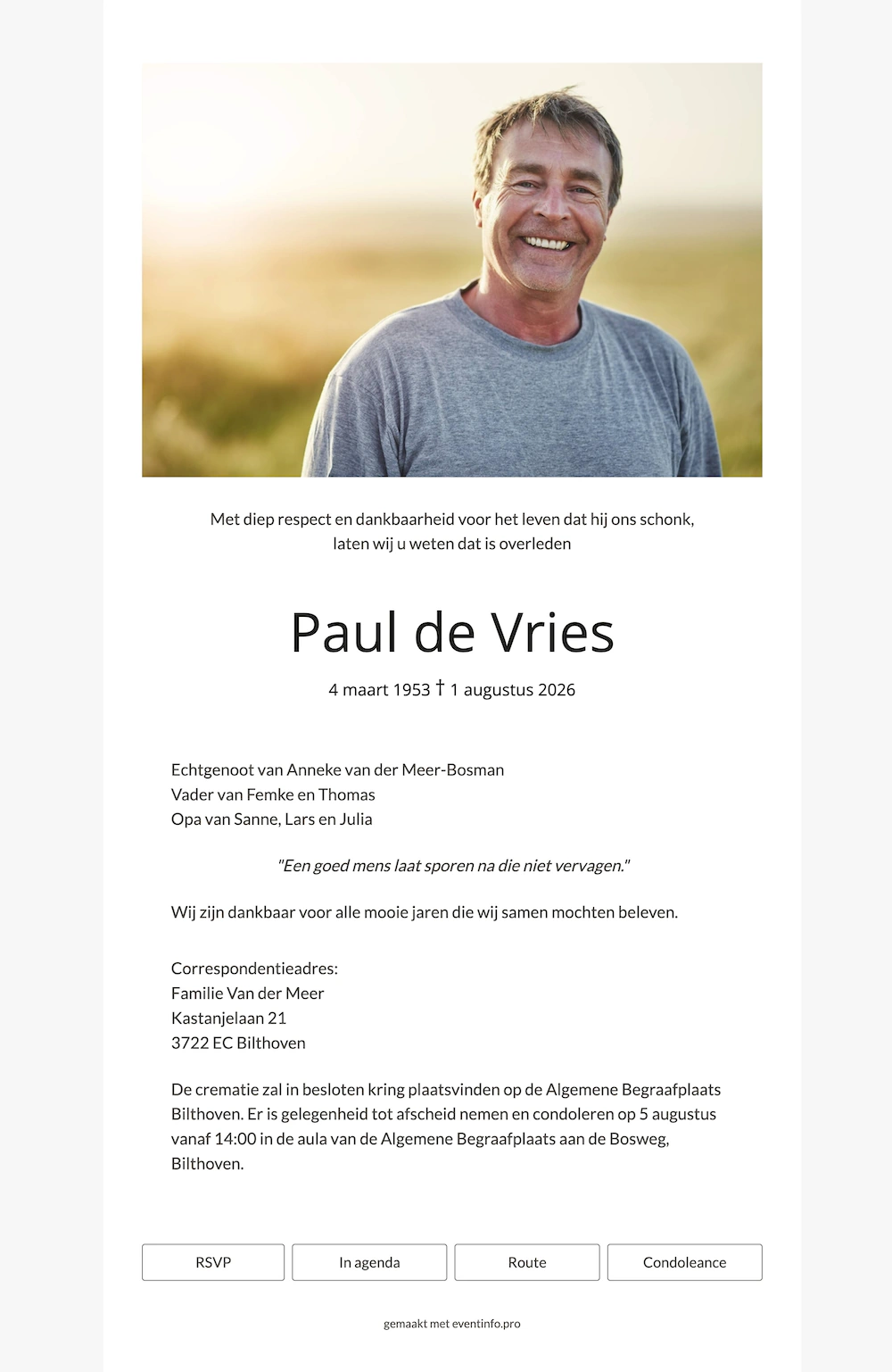 Online rouwkaart met portretfoto &ndash; example 1