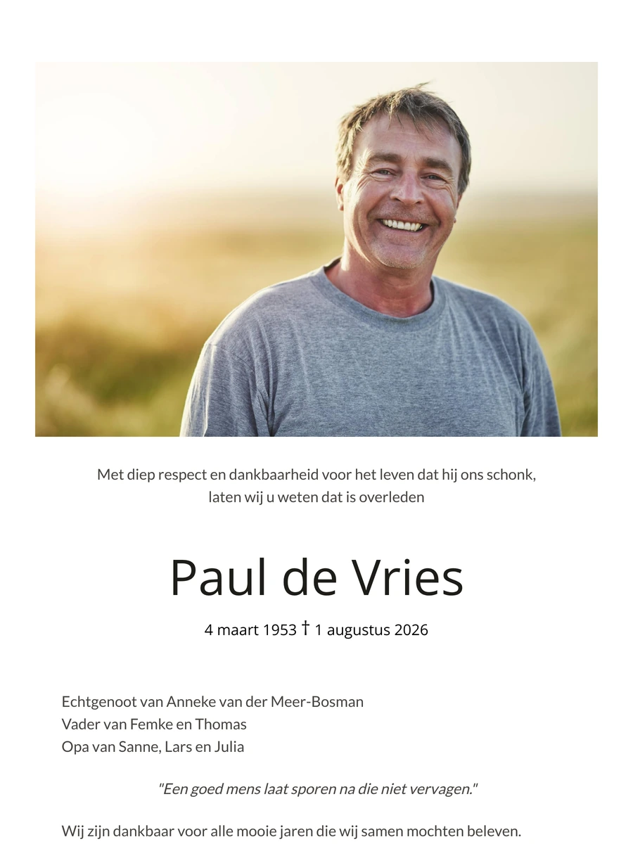Online rouwkaart met een groot portret bovenaan